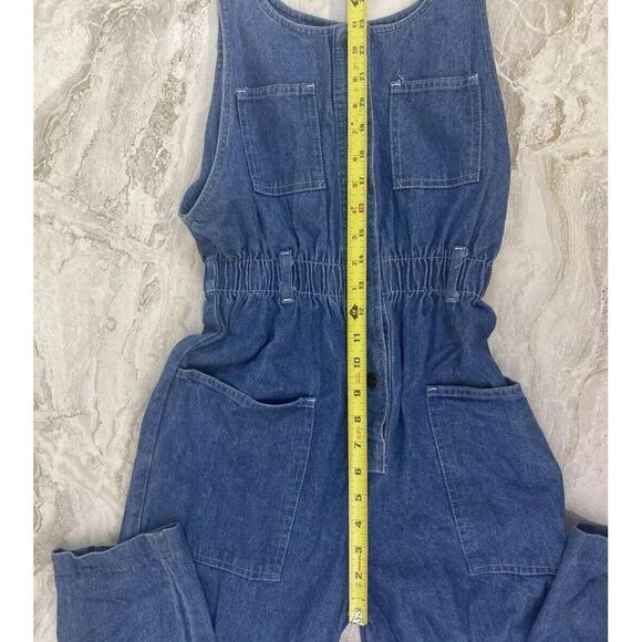 Vintage IDEAS Small Denim Jumpsuit Romper Overalls 80s 1980s Cinch High Waist - Picture 5 of 8